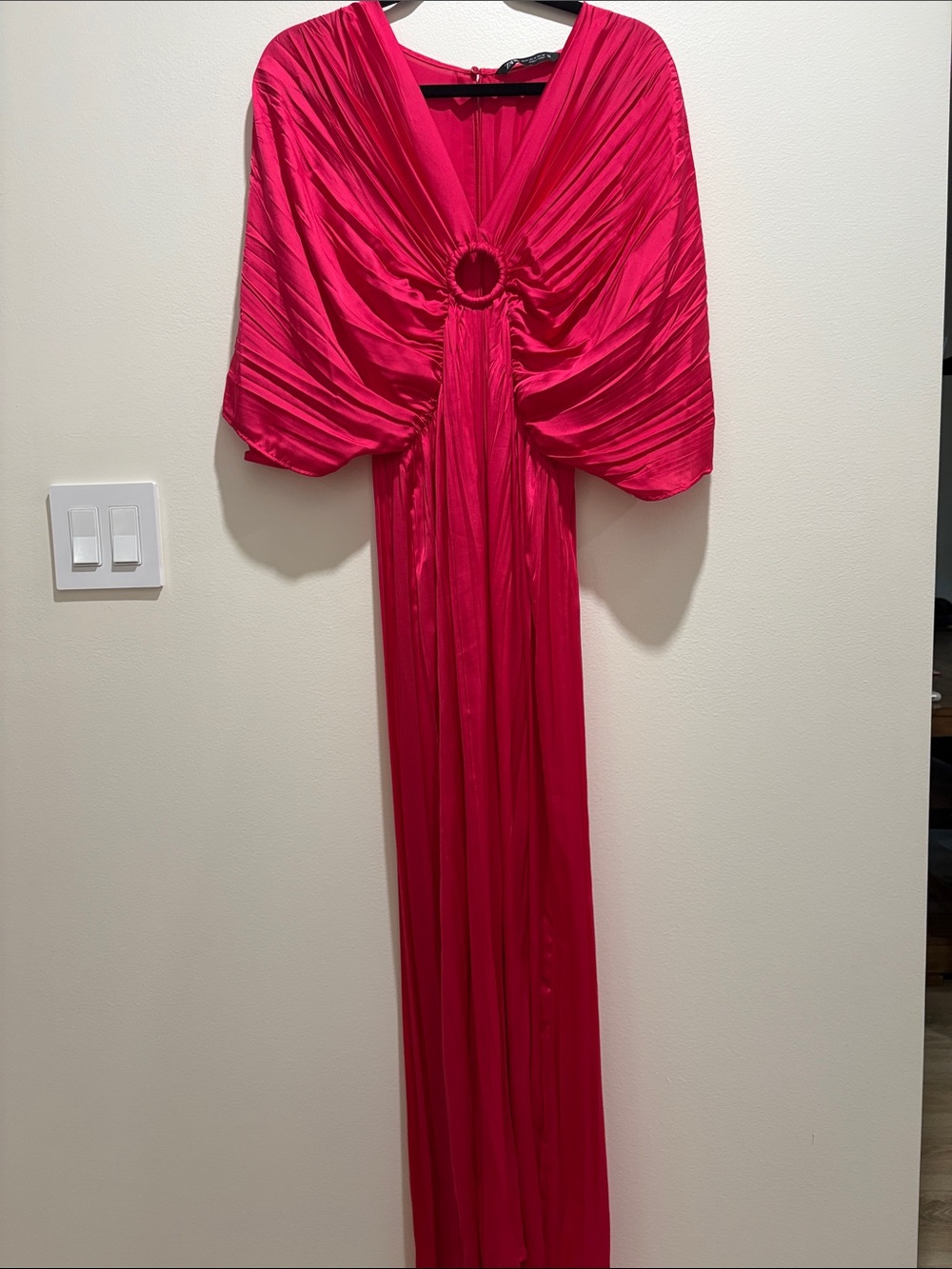 Zara Hot Pink Pleated V-Neck Maxi Dress with Ring Detail